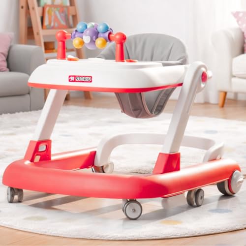 Storio Baby Walker for 6–18 Months 360° Rotatable | 3-Level Adjustable Height Walker with Switchable Food & Musical Toy Tray | 6 Wheels, Foldable & Safe Baby Activity Walker for Boys & Girls - Pink