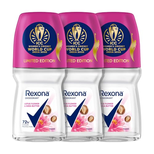 Rexona Lotus Flower & Shea Butter Antiperspirant Roll-On | for Women |72H Odour Protection | Limited Edition Pack - ICC Women’s Cricket World Cup India 2025 |50 ML (Pack of 3)