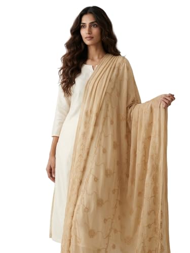 DUPATTA BAZAAR Women's Beige Embroidered Chiffon Dupatta