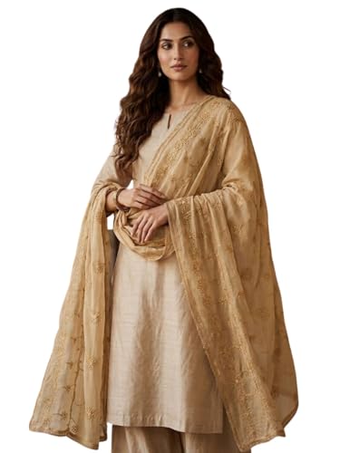 DUPATTA BAZAAR Women's Beige Embroidered Chiffon Dupatta - Image 2