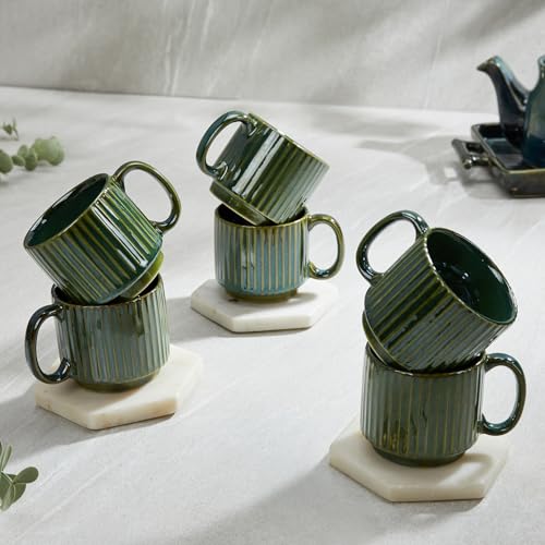 Amazon Brand - Solimo Glam Green Fringe Ceramic Tea Cups | Set of 6 160ML | Microwave & Dishwasher Safe Coffee Cup | Perfect for Daily Use, Office, Parties, and Special Occasions