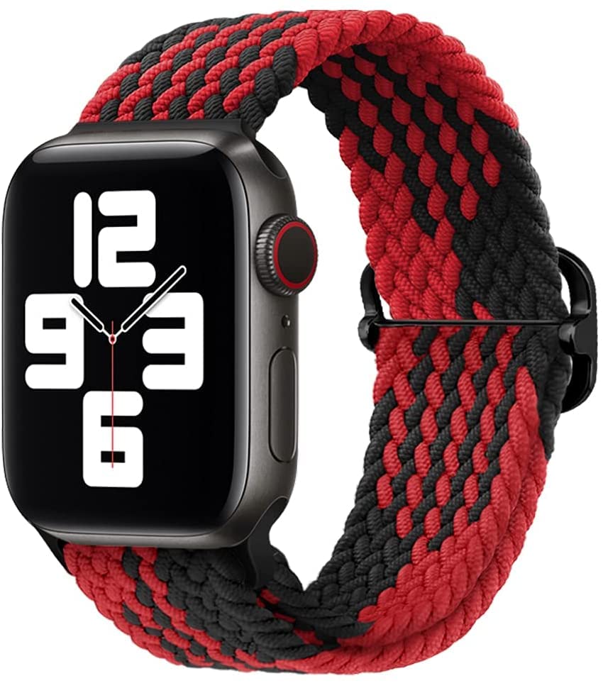 Braided Band Compatible for Apple Watch Strap 38mm 40mm 41mm 42mm 44mm 45mm 46mm 49mm for Women Men, Nylon Elastic Wristbands for iWatch Series 10 9 8 7 6 SE 5 4 3 2 Ultra Ultra 2 (44mm/45mm/46mm/49mm/(42mm Series 3 2 1), Red+Black)