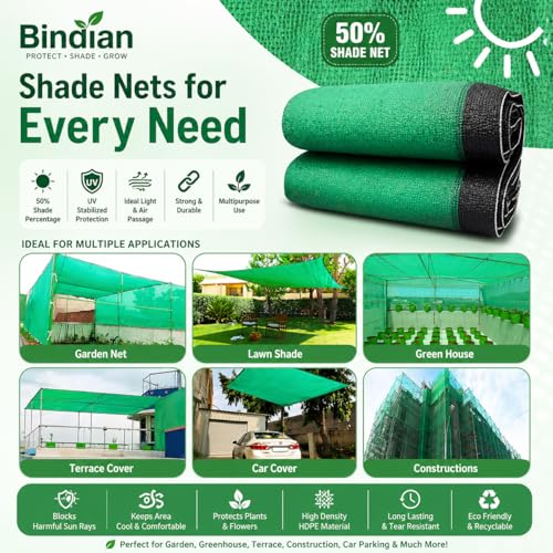 Bindian Green Shade Net, 50% UV Sun Protection, for Terrace, Garden, Green House, Balcony, & Gardening Multipurpose Agro Netting (5x6 Feet) - Image 4