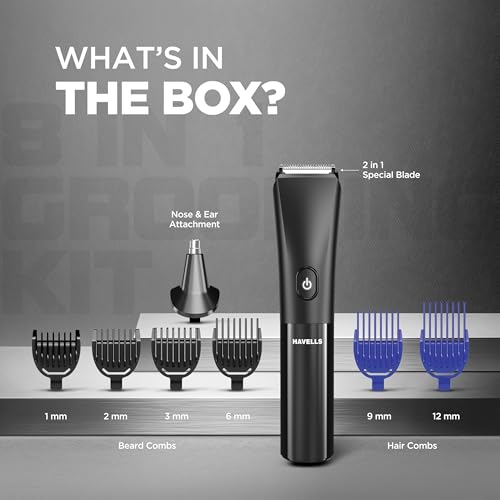 Havells 8 in 1 Grooming Kit |2-in-1 Special Blade|Nose & Ear Attachment|4 Beard & 2 Hair Combs|Type C Turbo Charge|No Nicks & Cuts|2 Year Guarantee|GS4008 - Image 2