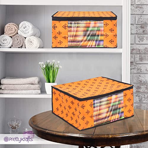 PrettyKrafts Set of 3 Non-Woven Printed Foldable Saree Covers/Wardrobe Organizer With Transparent Window And Zip/Clothes Storage Bag For Women's Lehenga, Suit Saree & Other Accessories (Orange) - Image 3