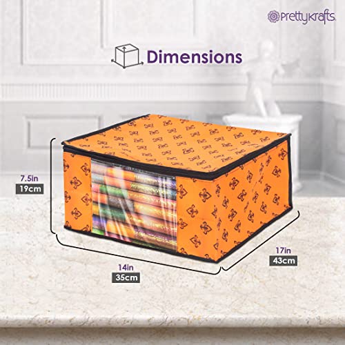 PrettyKrafts Set of 3 Non-Woven Printed Foldable Saree Covers/Wardrobe Organizer With Transparent Window And Zip/Clothes Storage Bag For Women's Lehenga, Suit Saree & Other Accessories (Orange) - Image 4