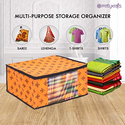 PrettyKrafts Set of 3 Non-Woven Printed Foldable Saree Covers/Wardrobe Organizer With Transparent Window And Zip/Clothes Storage Bag For Women's Lehenga, Suit Saree & Other Accessories (Orange) - Image 5