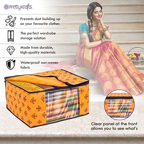 PrettyKrafts Set of 3 Non-Woven Printed Foldable Saree Covers/Wardrobe Organizer With Transparent Window And Zip/Clothes Storage Bag For Women's Lehenga, Suit Saree & Other Accessories (Orange) - Image 6