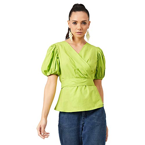 ATHENA LIFESTYLE Lime Green Puff Sleeves Solid Casual Top
