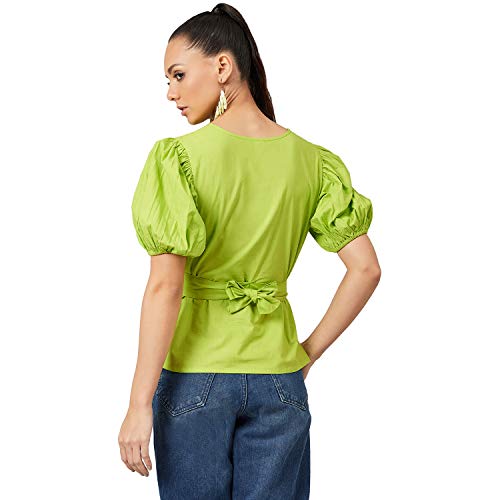 ATHENA LIFESTYLE Lime Green Puff Sleeves Solid Casual Top - Image 3