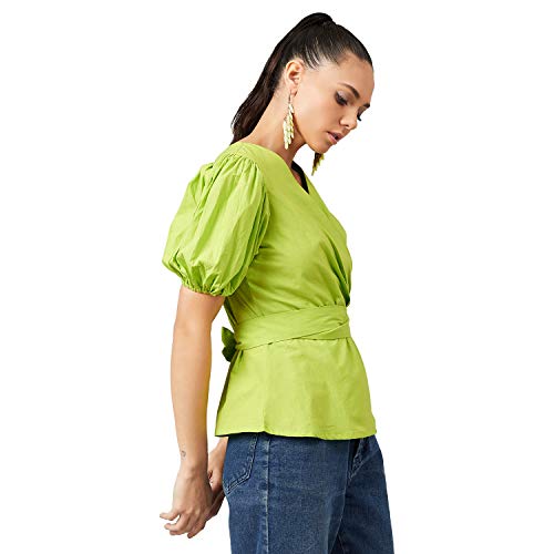 ATHENA LIFESTYLE Lime Green Puff Sleeves Solid Casual Top - Image 4