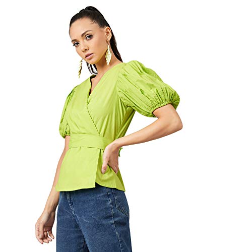 ATHENA LIFESTYLE Lime Green Puff Sleeves Solid Casual Top - Image 5