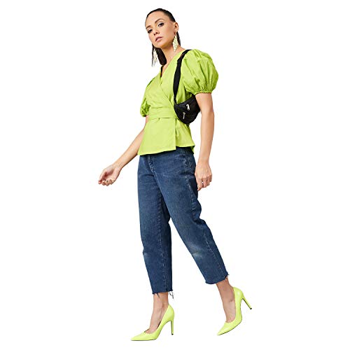 ATHENA LIFESTYLE Lime Green Puff Sleeves Solid Casual Top - Image 6