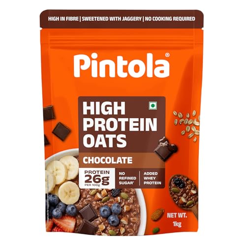 PINTOLA 26g High Protein Oats 1kg, Dark Chocolate, No Refined Sugar, with Almonds, Raisins, Pumpkin & Chia Seeds, 9.6g Fibre, Rolled Oats for Weight Loss, Breakfast Cereals | Gluten Free