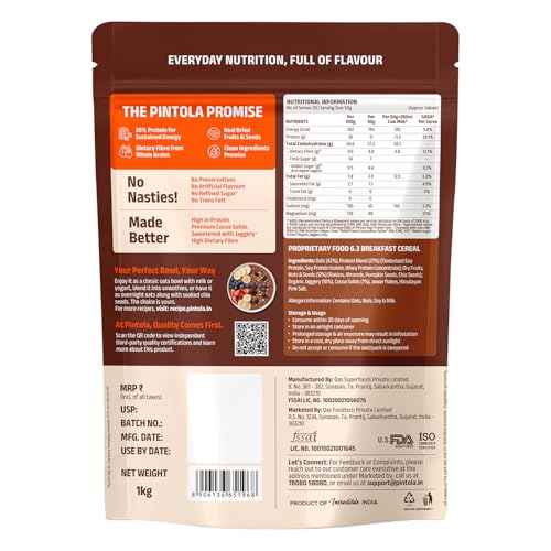 PINTOLA 26g High Protein Oats 1kg, Dark Chocolate, No Refined Sugar, with Almonds, Raisins, Pumpkin & Chia Seeds, 9.6g Fibre, Rolled Oats for Weight Loss, Breakfast Cereals | Gluten Free - Image 4