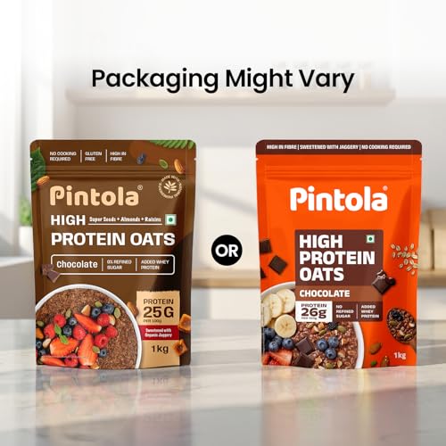 PINTOLA 26g High Protein Oats 1kg, Dark Chocolate, No Refined Sugar, with Almonds, Raisins, Pumpkin & Chia Seeds, 9.6g Fibre, Rolled Oats for Weight Loss, Breakfast Cereals | Gluten Free - Image 5
