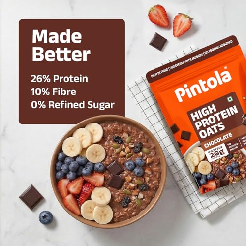 PINTOLA 26g High Protein Oats 1kg, Dark Chocolate, No Refined Sugar, with Almonds, Raisins, Pumpkin & Chia Seeds, 9.6g Fibre, Rolled Oats for Weight Loss, Breakfast Cereals | Gluten Free - Image 6