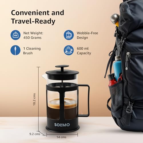 Amazon Brand - Solimo French Press Coffee and Tea Maker | 600ml | Borosilicate Glass | 4-Level Filtration | Spill-Proof Spout - Image 3