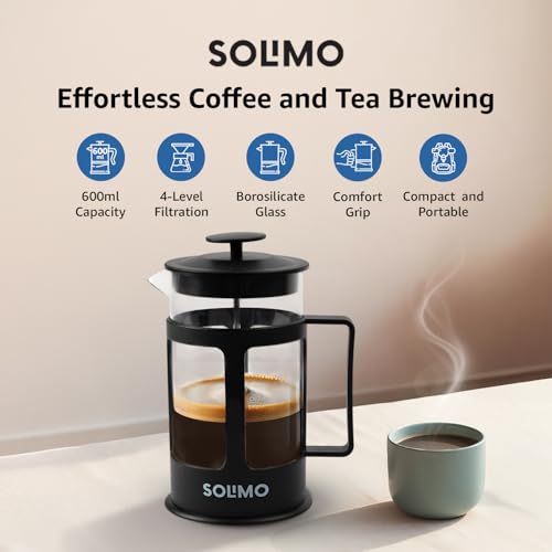 Amazon Brand - Solimo French Press Coffee and Tea Maker | 600ml | Borosilicate Glass | 4-Level Filtration | Spill-Proof Spout - Image 4