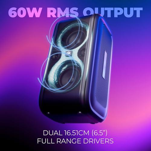 Zebronics Portable Bluetooth Speaker, 60W, Upto 5 Hours Playback, Dual 16.51cm Drivers, Karaoke, TWS, BT v5.4, USB, mSD, AUX, RGB, Wireless Mic with Display, Mobile Holder (Party Fyre 90) - Image 3