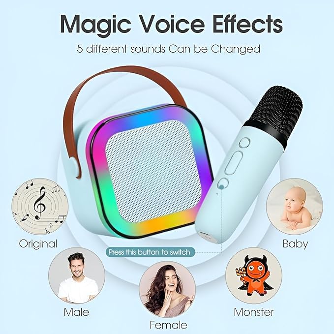 Kinoki Colorful Bluetooth 5.3 Speaker Karaoke Sound System Set with Portable Mic, Magic Ai Voice Changer - Multicolour, Retro, Playful Style for Kids' Home Singing & Parties - Image 5