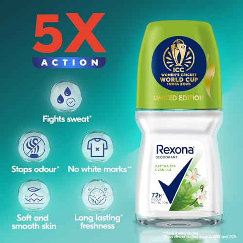 Rexona Matcha Tea & Vanilla Antiperspirant Roll-On | for Women |72H Odour Protection | Limited Edition Pack - ICC Women’s Cricket World Cup India 2025 |50 ML (Pack of 2) - Image 5