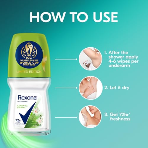 Rexona Matcha Tea & Vanilla Antiperspirant Roll-On | for Women |72H Odour Protection | Limited Edition Pack - ICC Women’s Cricket World Cup India 2025 |50 ML (Pack of 2) - Image 7