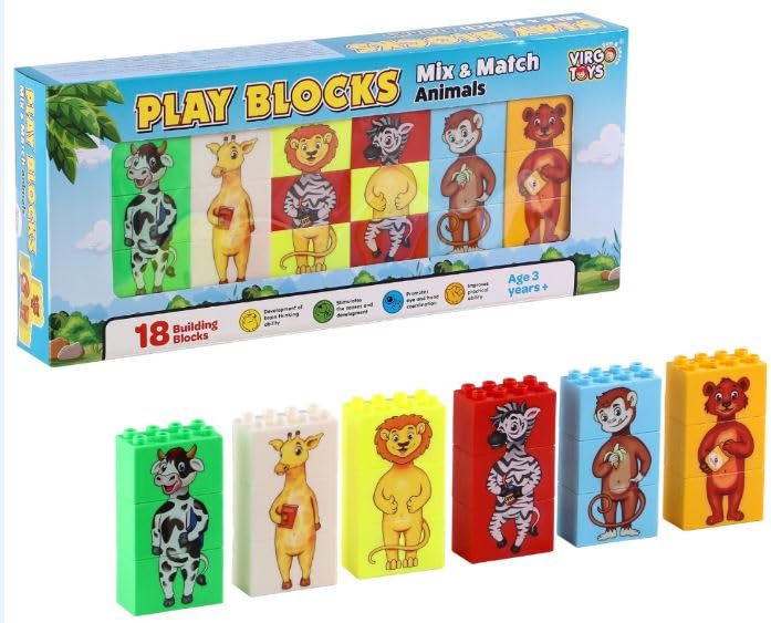 Negi Play Blocks Mix & Match Animals for Kids 6 Buildale Animals Block Puzzles Includes Zebra, Bear, Giraffe, Monkey, and Cow Development of Brain Thinking Ability for Kids 18Pcs Building Block. - Image 3