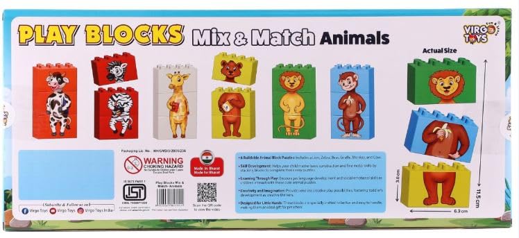 Negi Play Blocks Mix & Match Animals for Kids 6 Buildale Animals Block Puzzles Includes Zebra, Bear, Giraffe, Monkey, and Cow Development of Brain Thinking Ability for Kids 18Pcs Building Block. - Image 5