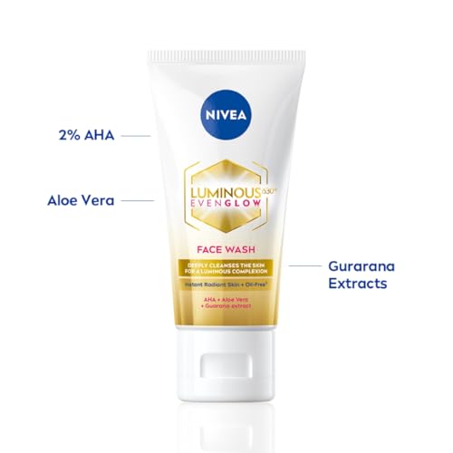 NIVEA Luminous Even Glow 2% AHA Face Wash | Oil-Free Cleanser with Aloe Vera & Guarana Extracts | Deep Cleansing Face Wash for Oily, Normal & Sensitive Skin | Exfoliating Brightening Face Cleanser for Women & Men | 100ml - Image 3