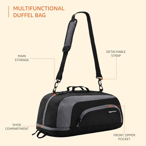 Amazon Basics Polyester Gym Duffle Bag with Shoe Compartment | 3-in-1 Versatile Bag for Gym, Travel, and Sports | Detachable Shoulder Strap | for Men & Women | 31L (Black Grey) - Image 2