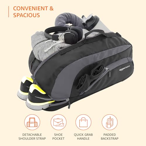 Amazon Basics Polyester Gym Duffle Bag with Shoe Compartment | 3-in-1 Versatile Bag for Gym, Travel, and Sports | Detachable Shoulder Strap | for Men & Women | 31L (Black Grey) - Image 4
