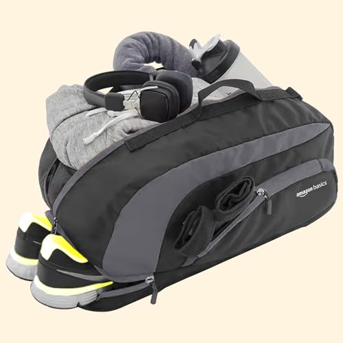 Amazon Basics Polyester Gym Duffle Bag with Shoe Compartment | 3-in-1 Versatile Bag for Gym, Travel, and Sports | Detachable Shoulder Strap | for Men & Women | 31L (Black Grey) - Image 6