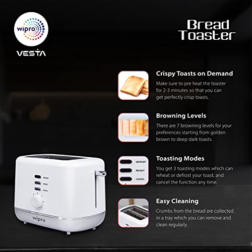 Wipro Vesta Bread Toaster 800 Watts Auto Pop up with Removable Crumb Tray, 7 Browning Levels with Defrost and Pre Heat Function (White), Standard (VA021020) - Image 4