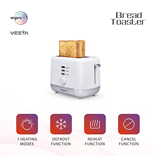 Wipro Vesta Bread Toaster 800 Watts Auto Pop up with Removable Crumb Tray, 7 Browning Levels with Defrost and Pre Heat Function (White), Standard (VA021020) - Image 5
