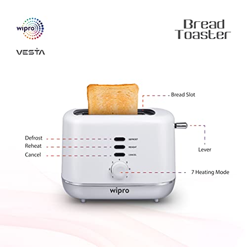 Wipro Vesta Bread Toaster 800 Watts Auto Pop up with Removable Crumb Tray, 7 Browning Levels with Defrost and Pre Heat Function (White), Standard (VA021020) - Image 7