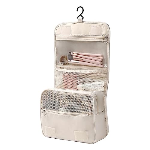 Wolpin Toiletry Bag Travel Nylon (Beige, 15 CM) | Foldable Cosmetic Makeup Pouch Organizer | Multipurpose Kit for Brush Shaving Medicine | Waterproof Travel Utility Bag for Men & Women