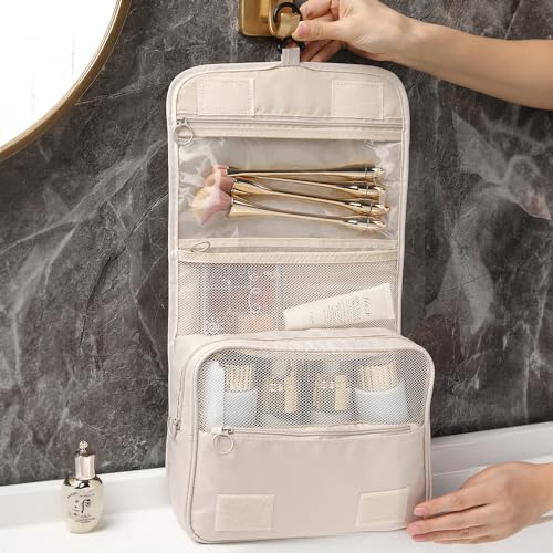 Wolpin Toiletry Bag Travel Nylon (Beige, 15 CM) | Foldable Cosmetic Makeup Pouch Organizer | Multipurpose Kit for Brush Shaving Medicine | Waterproof Travel Utility Bag for Men & Women - Image 2