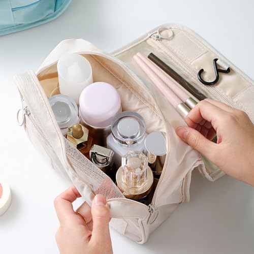 Wolpin Toiletry Bag Travel Nylon (Beige, 15 CM) | Foldable Cosmetic Makeup Pouch Organizer | Multipurpose Kit for Brush Shaving Medicine | Waterproof Travel Utility Bag for Men & Women - Image 3