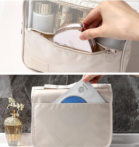 Wolpin Toiletry Bag Travel Nylon (Beige, 15 CM) | Foldable Cosmetic Makeup Pouch Organizer | Multipurpose Kit for Brush Shaving Medicine | Waterproof Travel Utility Bag for Men & Women - Image 4