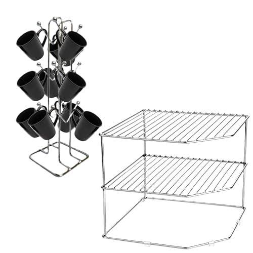 Stainless Steel Cup Stand & Coffee, Tea Mug Holder/12 Hooks for Cups & Mugs Combo 2 Level Kitchen Storage Rack for Corners, Kitchen Space Organizer Corner Shelf (pack of 2)(NHSP)
