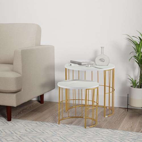 Amazon Brand - Solimo Batie Laminated Marble Nesting Table Set (Golden)