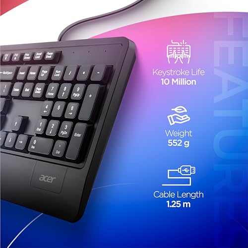 acer OfficeKey Wired Keyboard with Palm Rest | Plug & Play USB 2.0 | Co-Pilot Shortcut Key | Rupee ₹ Symbol | 10M Keystroke Life | 104 Chiclet Keys | Windows & Mac Compatible – Black - Image 2