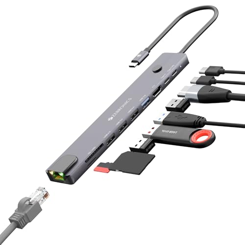 Zebronics 10-in-1 Type-C Multiport Hub, 100W PD Support, 5Gbps Data Transfer, HDMI 1.4 (4K@30Hz) with On/Off Button, USB 3.0, RJ45, SD, mSD, Metal Body, LED Indicator (CT101 Plus)