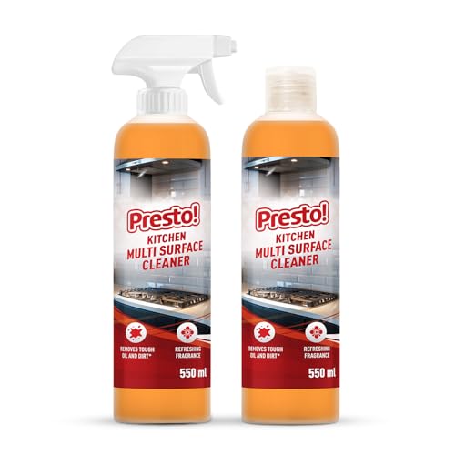 Amazon Brand - Presto! Kitchen Multi Surface cleaner | 1.1 L | 550 ml x Pack of 2| Removes Tough Stains | Refreshing Fragrance | Suitable For All Kitchen Surfaces, Tiles, Marbels, Cabinets