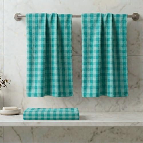Athom Living Ecosaviour Premium Cotton Bath Towel Green Checkers (Pack of 3)