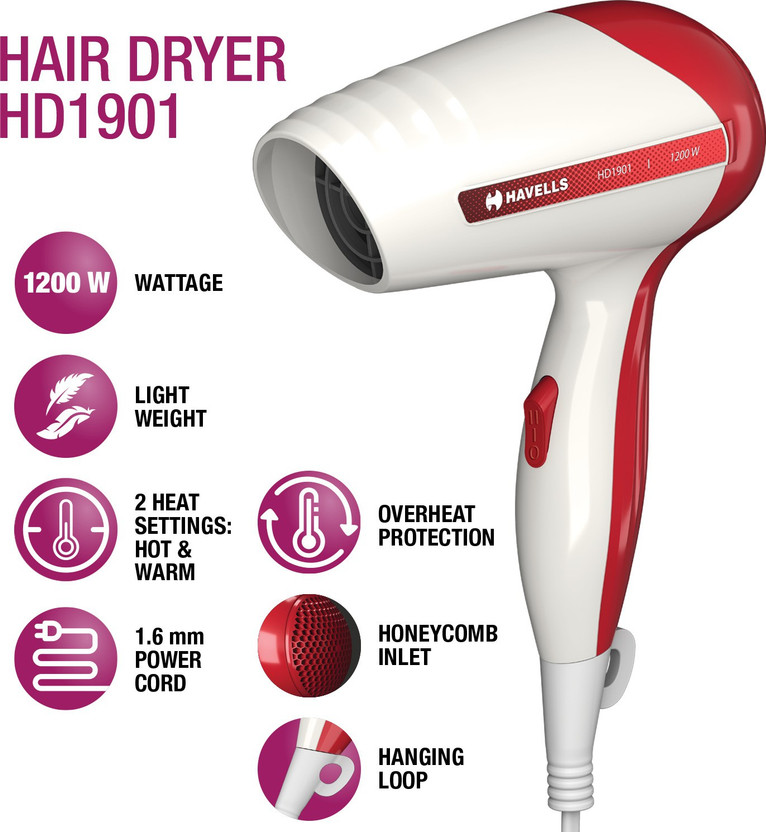 HAVELLS HD1901 Hair Dryer (1200 W, White & Red) - Image 5