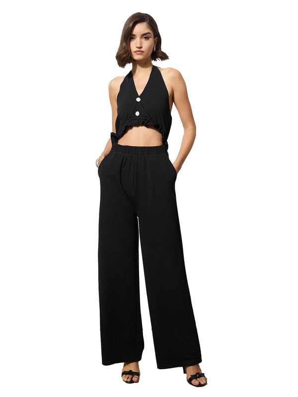 barcino Black Knitted Halter Neck Cut-Out Jumpsuit