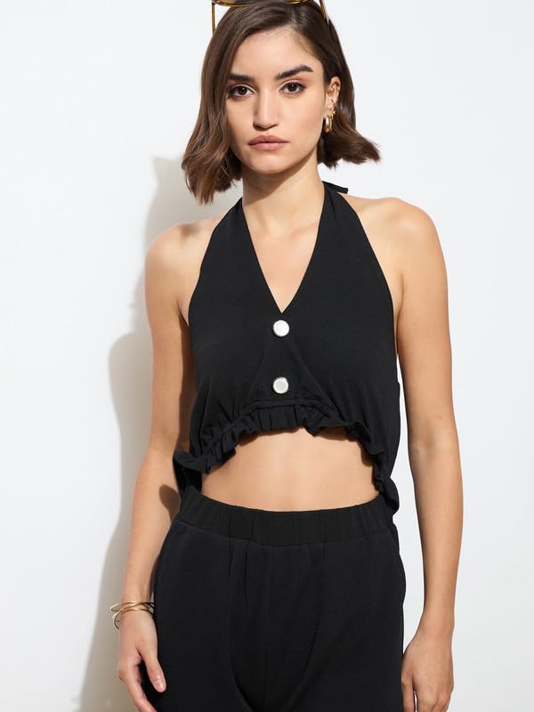barcino Black Knitted Halter Neck Cut-Out Jumpsuit - Image 4