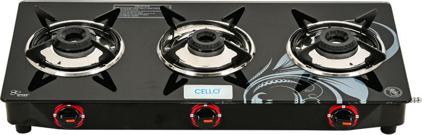 Cello Crowne 3 Burner Black Auto Ignition LPG Glass Top Gas Stove...more